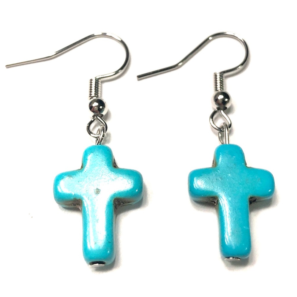 Handmade Turquoise Color Cross Earrings Women Religious Gift